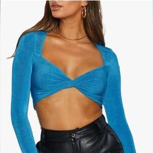 Morning Mist Women's Long Sleeve Crop Top Blouse‎ Blue Size 12 Wrap Around